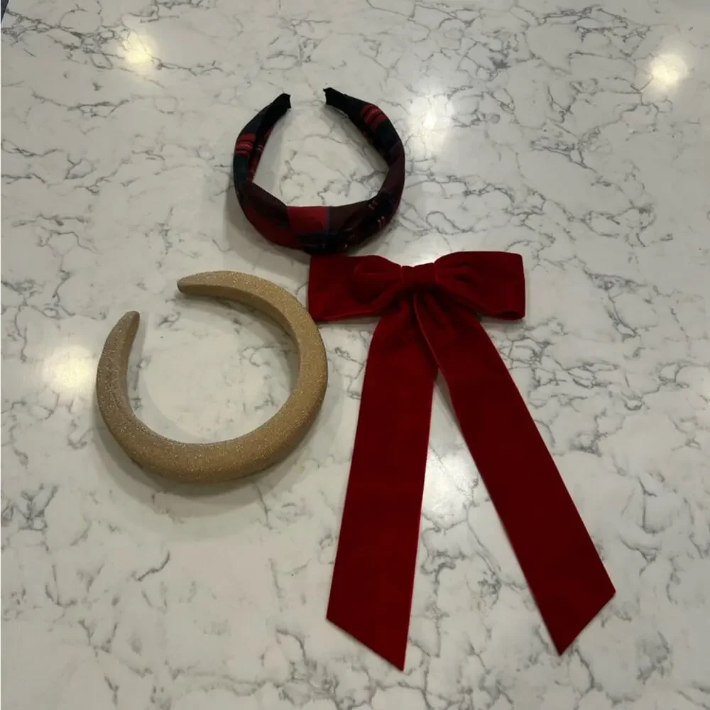 Lot of 3 Hair Accessories 2 Headbands One Bow Red Plaid Gold Tan